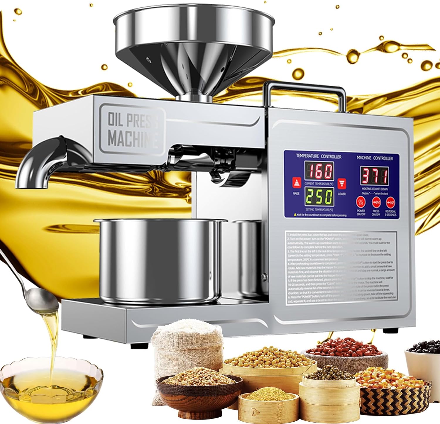 Electric Oil Press Machine 820W Automatic Oil Press Extractor Organic Oil Expeller Household Commercial Grade Stainless Steel Oil Press Machine 