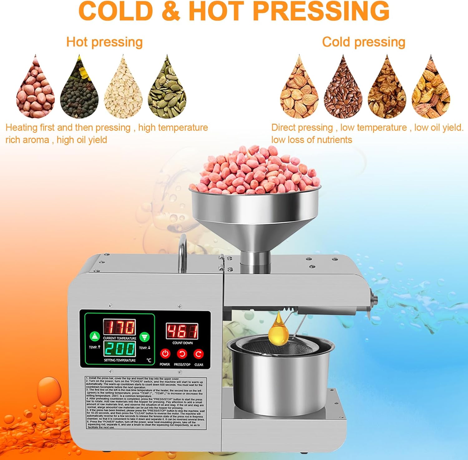 Electric Oil Press Machine 820W Automatic Oil Press Extractor Organic Oil Expeller Household Commercial Grade Stainless Steel Oil Press Machine 