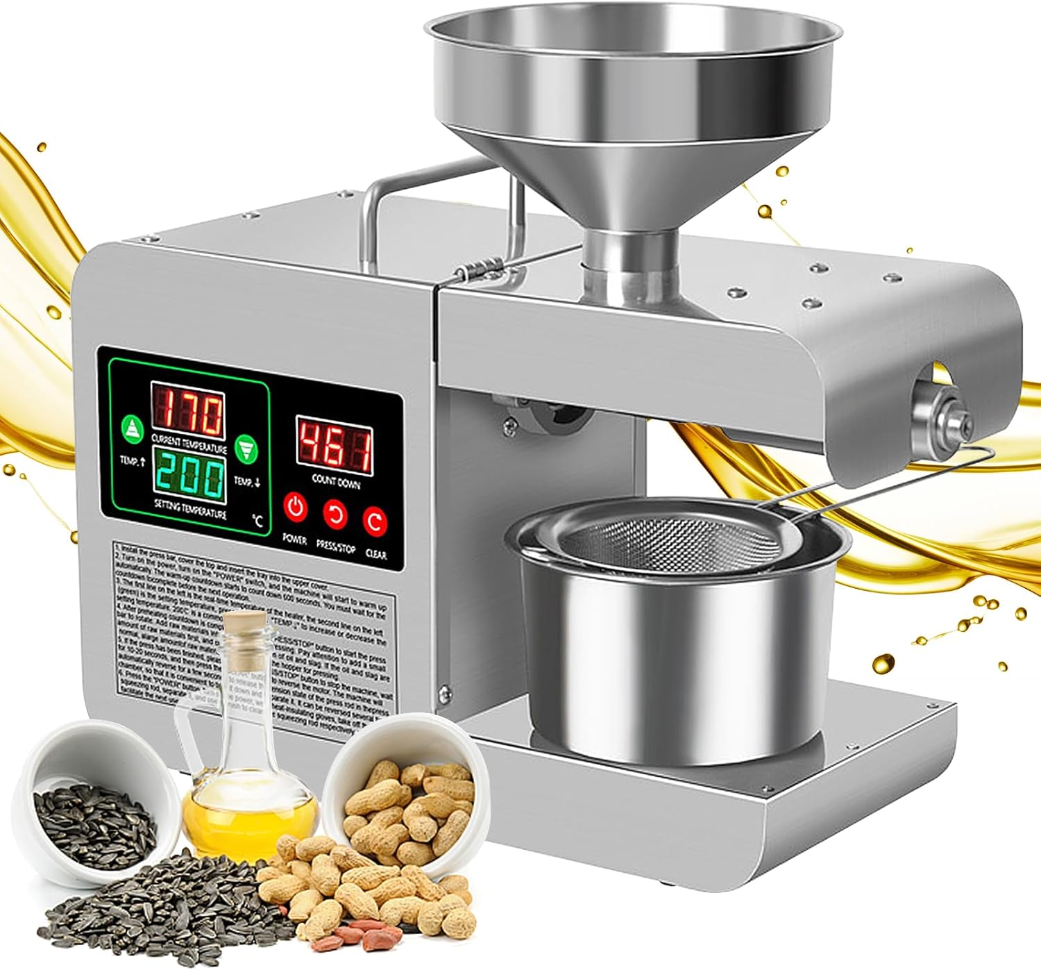 Electric Oil Press Machine 820W Automatic Oil Press Extractor Organic Oil Expeller Household Commercial Grade Stainless Steel Oil Press Machine 