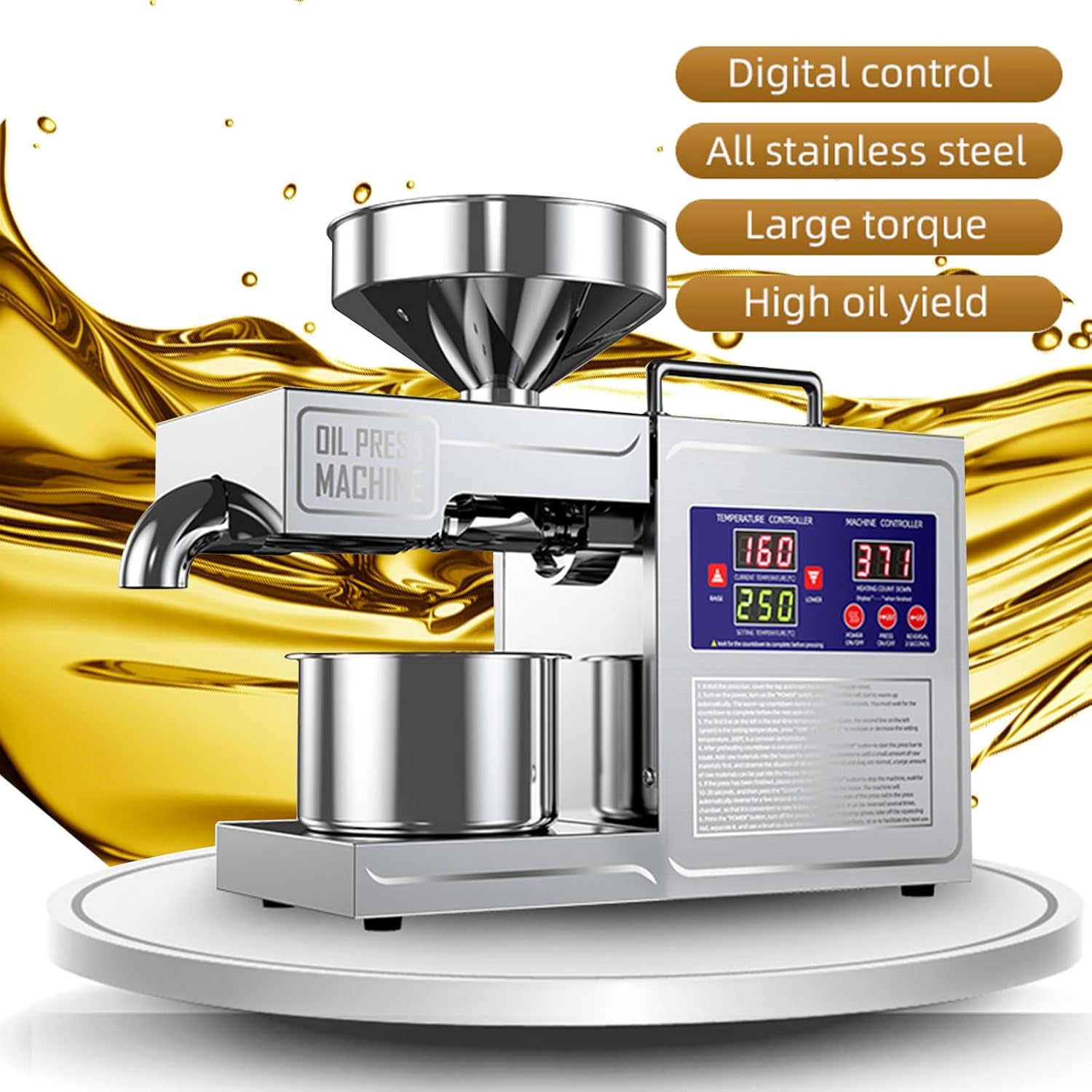 Electric Oil Press Machine 820W Automatic Oil Press Extractor Organic Oil Expeller Household Commercial Grade Stainless Steel Oil Press Machine 