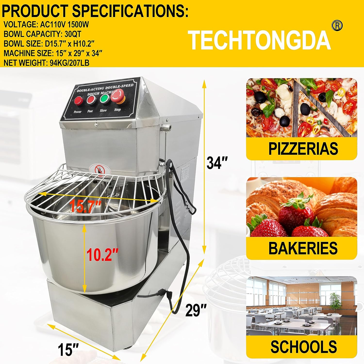Dough Mixer, 30L Pizza Bakery Flour Mixer Machine with Double Action Double Speed, Electric Stainless Steel Dough Kneading Machine 