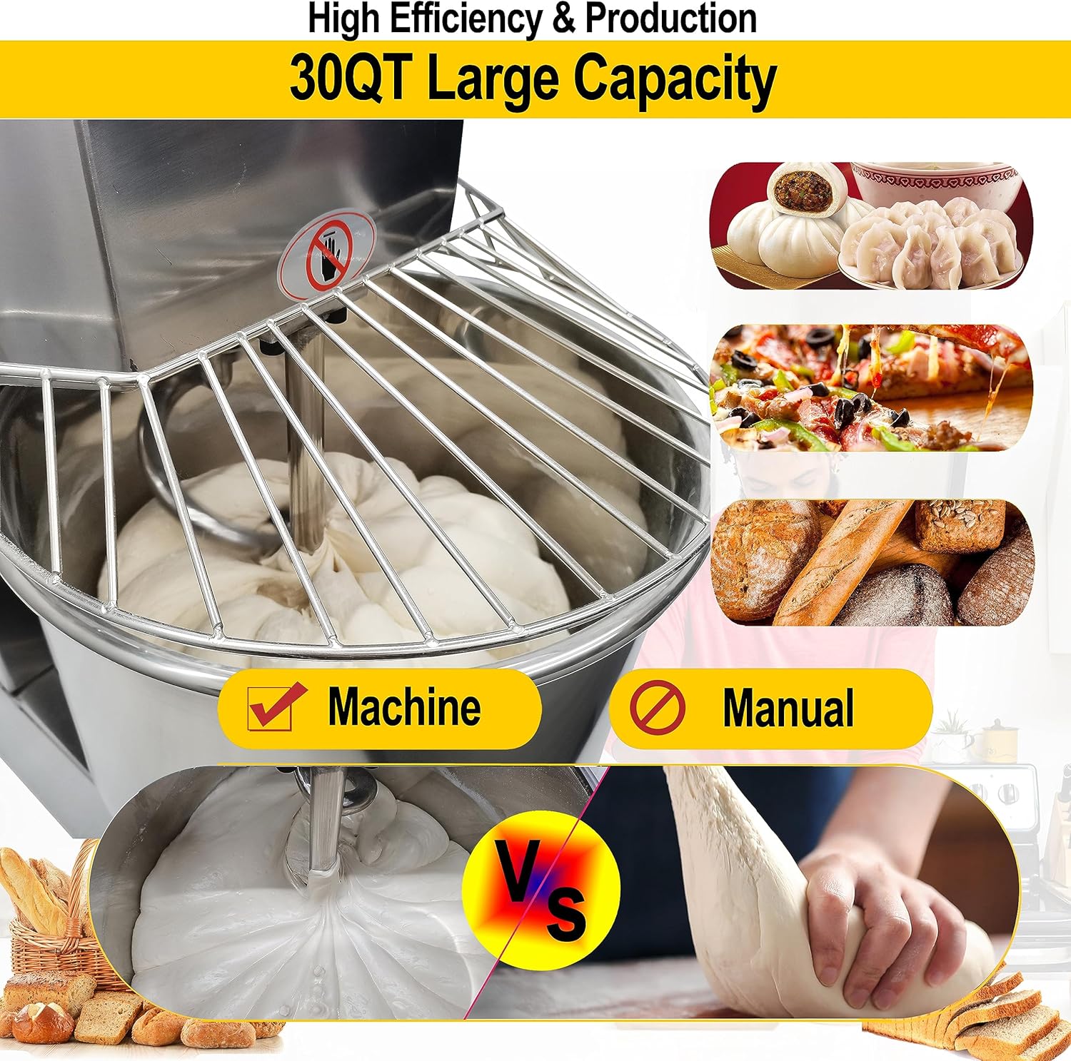 Dough Mixer, 30L Pizza Bakery Flour Mixer Machine with Double Action Double Speed, Electric Stainless Steel Dough Kneading Machine 