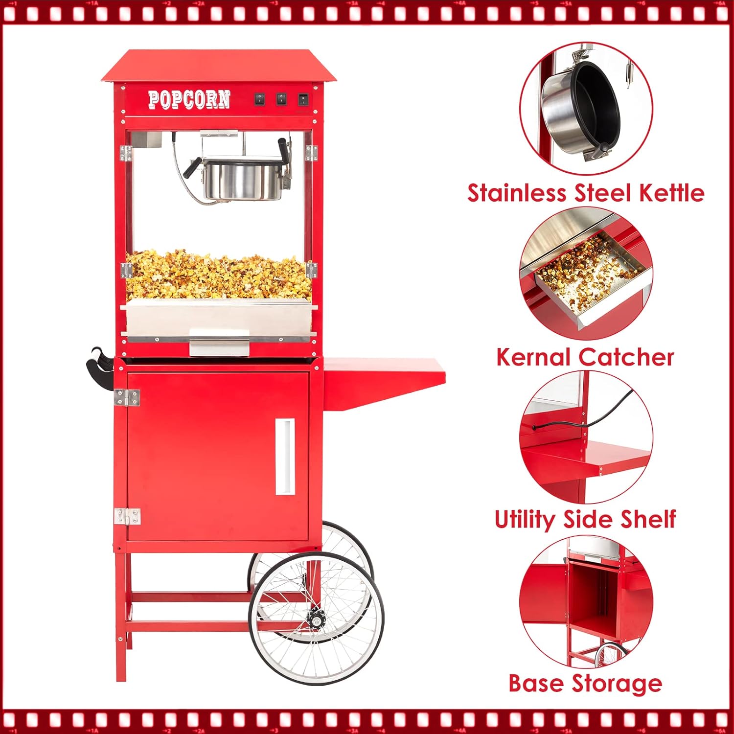 Popcorn Machine with Stand - Professional Cart Popcorn Maker Machine With 8 Oz Kettle Makes Up to 60 Cups, With Lockers for Home Movie Theater Style