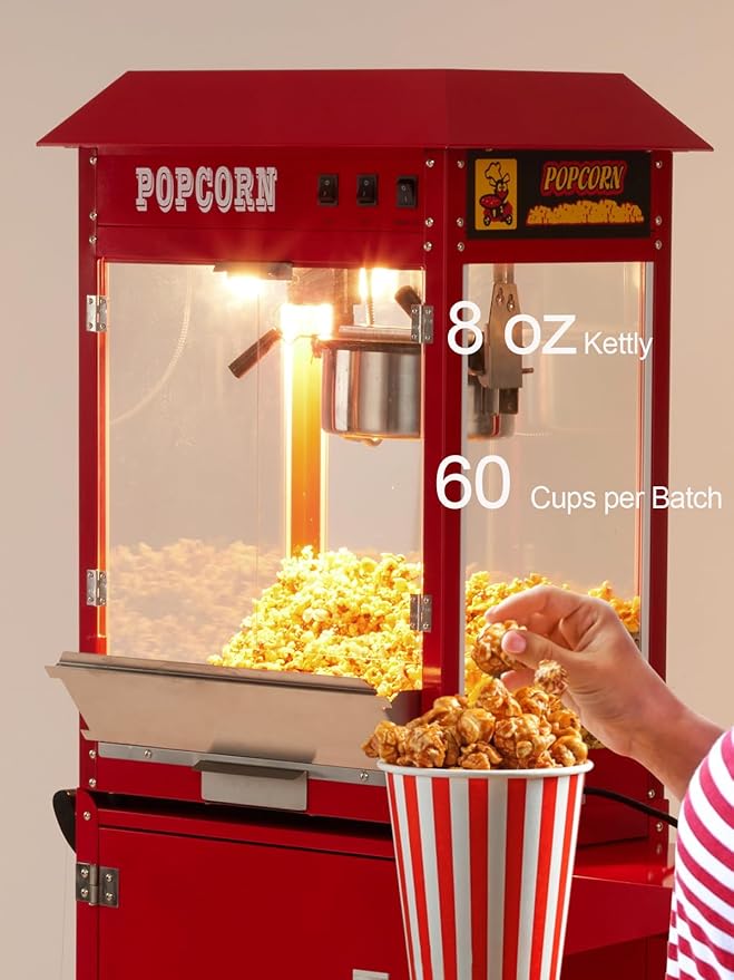 Popcorn Machine with Stand - Professional Cart Popcorn Maker Machine With 8 Oz Kettle Makes Up to 60 Cups, With Lockers for Home Movie Theater Style