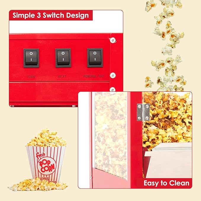 Popcorn Machine with Stand - Professional Cart Popcorn Maker Machine With 8 Oz Kettle Makes Up to 60 Cups, With Lockers for Home Movie Theater Style