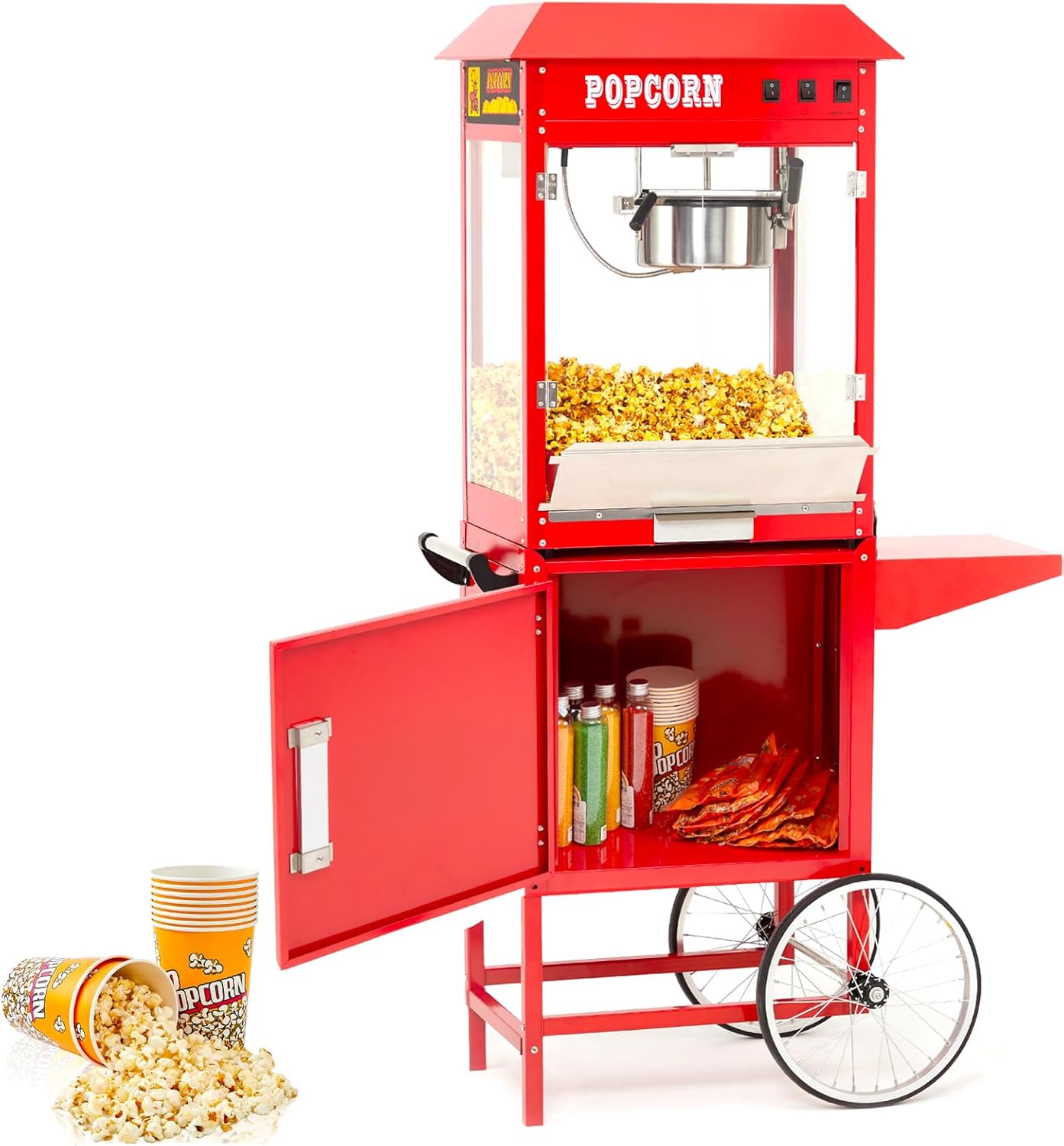 Popcorn Machine with Stand - Professional Cart Popcorn Maker Machine With 8 Oz Kettle Makes Up to 60 Cups, With Lockers for Home Movie Theater Style