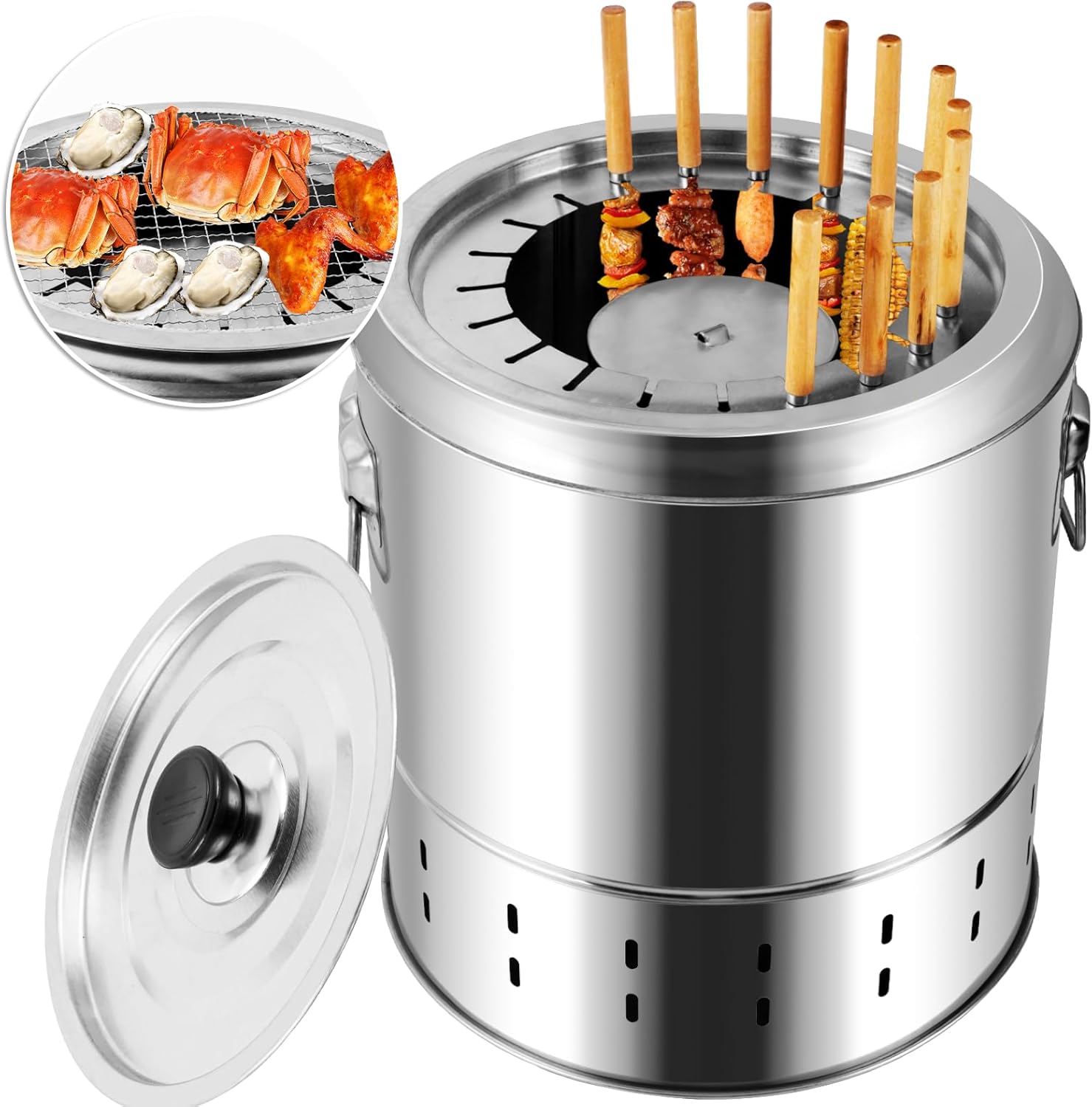  Smokeless Charcoal Hanging Kebob Grill, Stainless Steel With 20 Skewers, Portable Smokeless BBQ Charcoal Grill for Travel Camping Picnic Patio Backyard