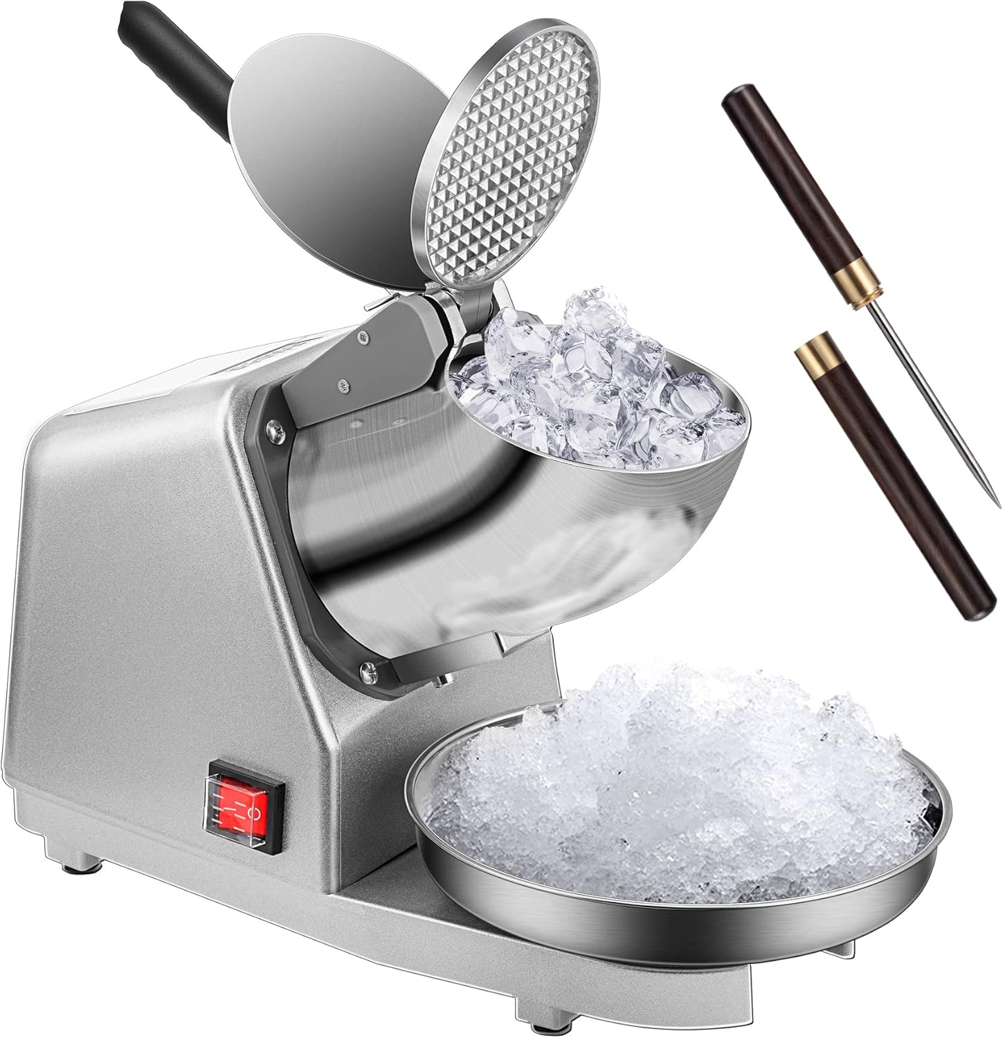Electric Ice Crusher Shaver Dual Blades Snow Cone Maker Machine Silver 173lbs/hr with Ice Pick for Home and Commercial Use