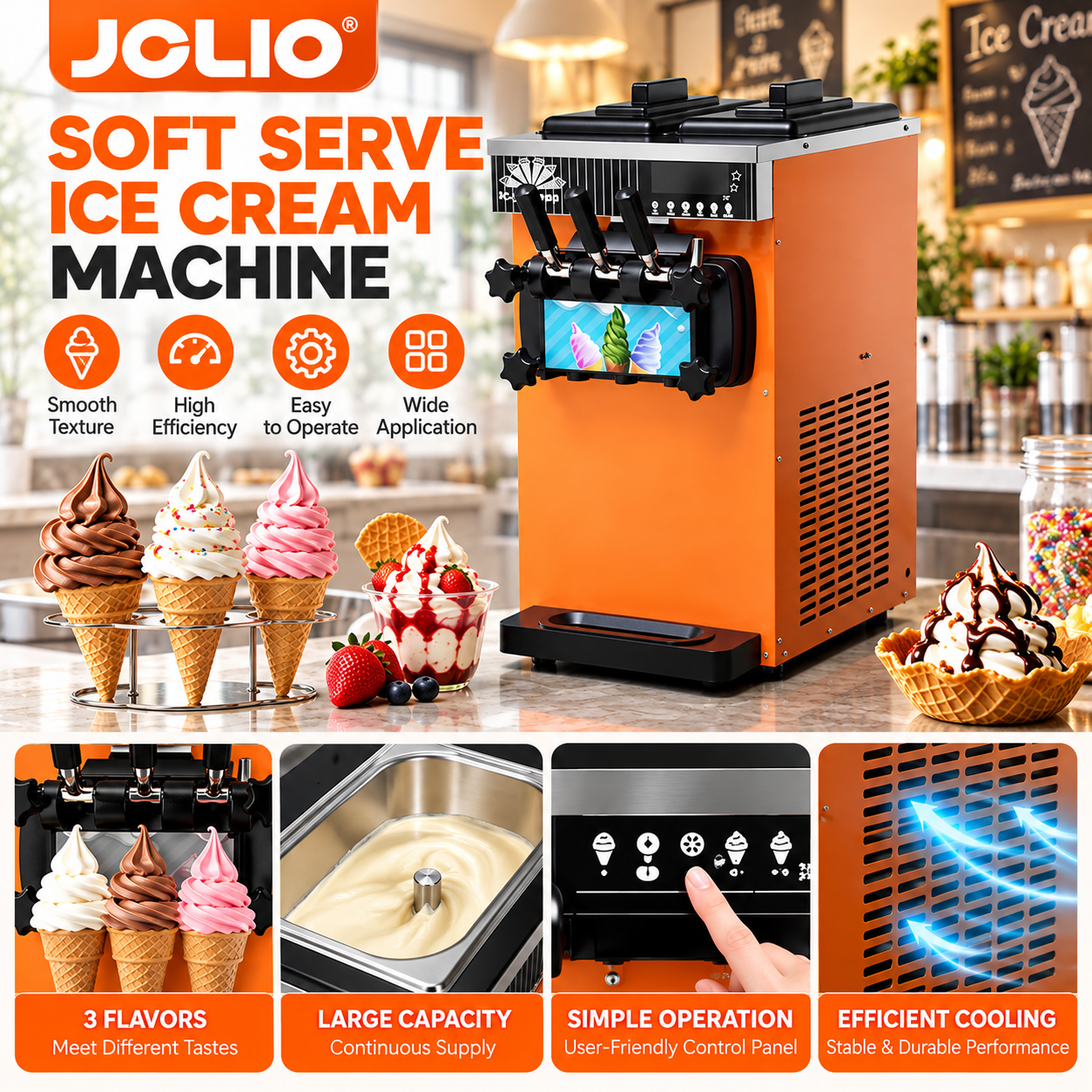 Commercial Small Countertop 128 Model 3-Flavor Soft Serve Ice Cream Machine,220V Stainless Steel Body, 1-Year Warranty